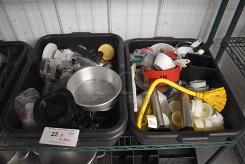 ALL ONE MONEY! Lot of 2 Black Poly Bus Bins Including Metal Lids, Poly Condiment Bottle Lids and Mandolin Slicer Holder