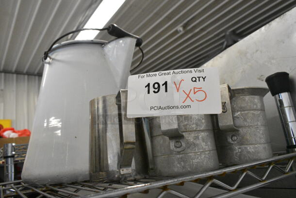 5 Various Items Including Metal Pitchers, 2 Metal Kettles. Includes 6x4x4. 5 Times Your Bid!  - Image 1 of 5
