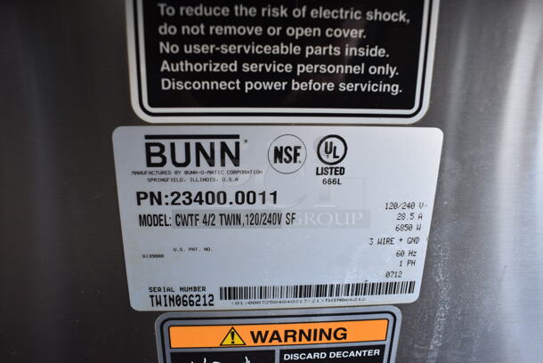 2012 Bunn Model CWTF 4/2 TWIN Stainless Steel Commercial Countertop Dual 6 Burner Coffee Machine w/ Hot Water Dispenser and 2 Metal Brew Baskets. 120/240 Volts, 1 Phase. 16x20x19 - Image 4 of 8