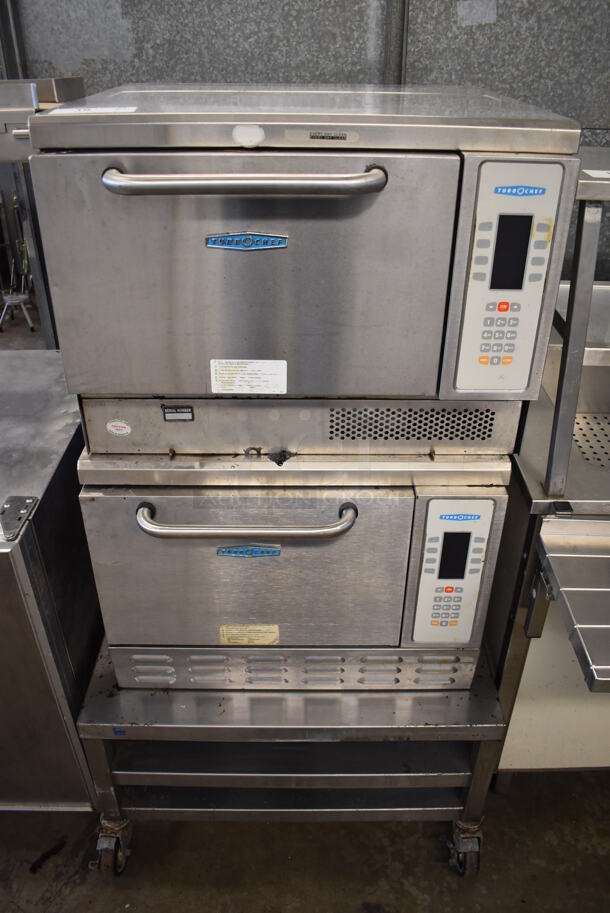 2 Turbochef NGC Stainless Steel Commercial Electric Powered Rapid Cook Oven on Stainless Steel Equipment Stand w/ Commercial Casters. 208/240 Volts, 1 Phase. 30x30x55. 2 Times Your Bid!