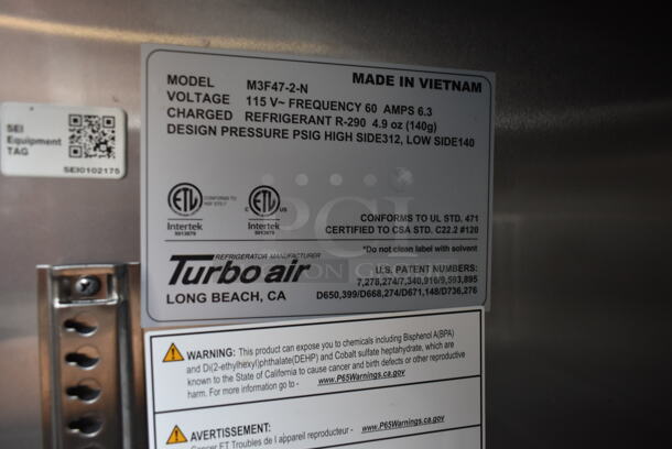 Turbo Air M3F47-2-N Stainless Steel Commercial 2 Door Reach In Freezer w/ Poly Coated Racks on Commercial Casters. 115 Volts, 1 Phase. Tested and Working! - Image 5 of 8