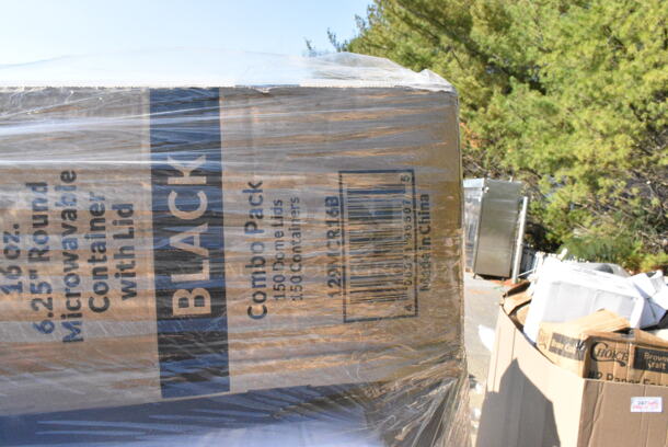 32 BRAND NEW Boxes Including 5013858 Lavex Hercules 55 Gallon 2 Mil 38" x 58" Low Density Heavy-Duty Black Can Liner / Trash Bag - 50/Case, 2 Box 347RPBD6WHSV Visions 6" White Plastic Plate with Silver Bands - 150/Case, 129MCR16B Choice 16 oz. Black 6 1/4" Round Microwavable Heavy Weight Container with Lid - 150/Case, 129MCS28B Choice 28 oz. Black Rectangular Microwavable Heavy Weight Container with Lid 8 3/4" x 6 1/4" x 1 3/4" - 150/Case, 612613245HD Choice Half Size Heavy-Duty Foil Steam Pan Deep 2 9/16" Depth - 100/Case, 500CC20PLA EcoChoice 20 oz. PLA Compostable Plastic Cold Cup - 600/Case, 395RP10CPF EcoChoice No PFAS Added 10" Natural Bagasse Blend 3 Compartment Plate - 500/Case, 24510PIZZAPAD Choice Single Face Corrugated Pizza Pad - 10" x 10" - 200/Case, 500MFT Lavex Natural Brown Kraft M-Fold (Multifold) Towel - 4000/Case, 394EN403L Noble Products Nitrile 3.5 Mil Thick Black All-Purpose Powder-Free Disposable Gloves - 1000/Case, 2 Box 433NHT109 Choice 1/6 Standard Size Beige "Thank You" Script Heavy-Duty Plastic T-Shirt Bag - 600/Case, 347RPBD10WHS Visions 10" White Plastic Plate with Silver Bands - 120/Case, 129MCR32W Choice 32 oz. White 7 1/4" Round Microwavable Heavy Weight Container with Lid - 150/Case, Dart 8J8 8 oz. White Customizable Foam Cup - 1000/Case. 32 Times Your Bid!  - Image 8 of 12