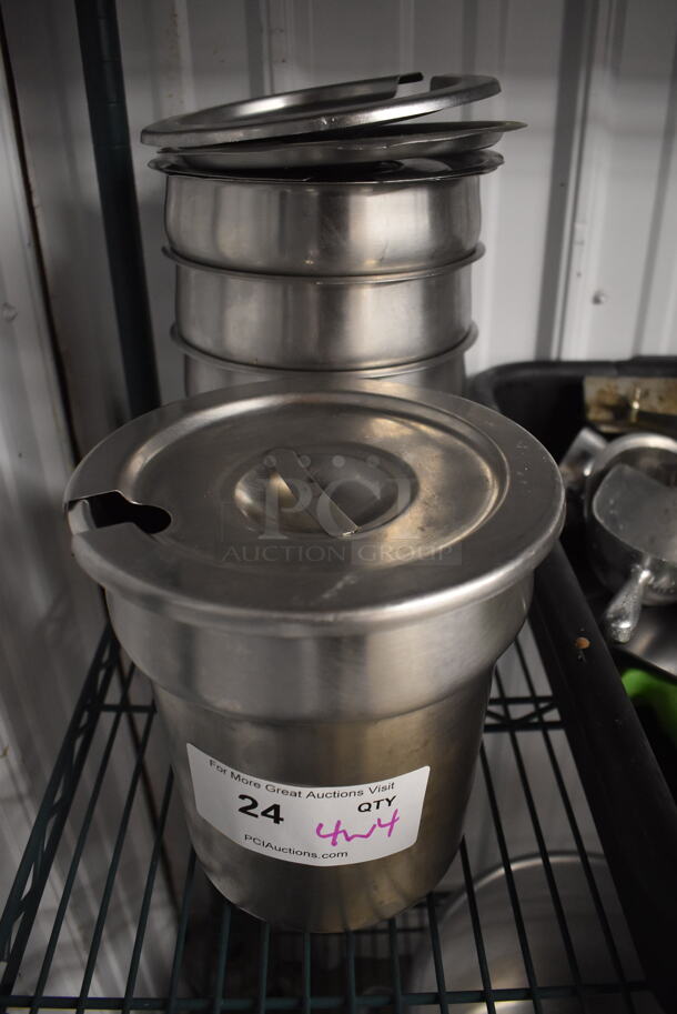 4 Stainless Steel Cylindrical Drop In Bins w/ 4 Lids. 7.5x7.5x8. 4 Times Your Bid!