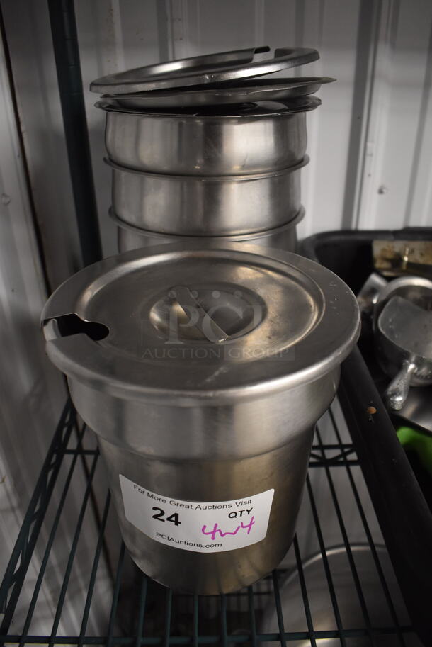 4 Stainless Steel Cylindrical Drop In Bins w/ 4 Lids. 7.5x7.5x8. 4 Times Your Bid! - Image 1 of 3