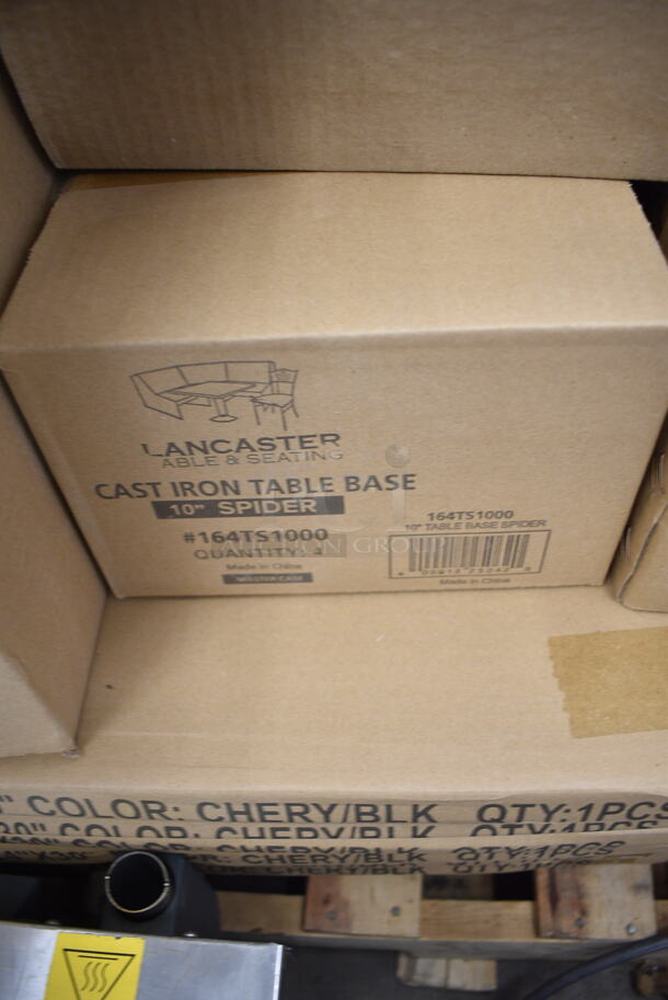 PALLET LOT of 33 BRAND NEW Boxes Including 20 Boxes 3492430TCB Lancaster Table & Seating 24" x 30" Laminated Rectangular Table Top Reversible Cherry / Black, 5 Boxes of 4 164TB2222 Lancaster Table & Seating 22" x 22" Cross Cast Iron Table Base Plate, 2 Box of 4 164TS1000 Lancaster Table & Seating 10" Cast Iron Table Base Spider, 2 Box of 10 164TCOLROD25 Lancaster Table & Seating 25 3/16" Standard Height Table Base Column and Rod. 33 Times Your Bid!  - Image 8 of 10