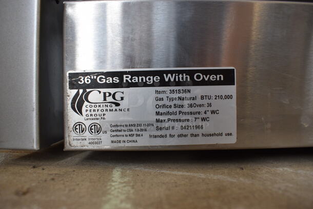 BRAND NEW! CPG Model 351S36N Stainless Steel Commercial Natural Gas Powered 6 Burner Range w/ Oven. Comes w/ Backsplash, Over Shelf, Extra Grate, 2 Extra Burners and 2 Extra Knobs. Stock Picture Used For Gallery. 36x31x31 - Image 10 of 12