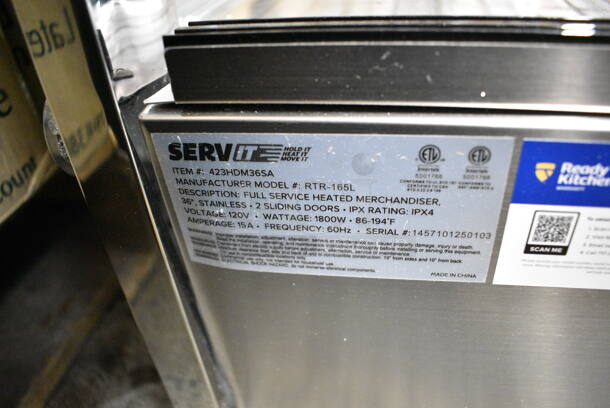 BRAND NEW SCRATCH AND DENT! ServIt 423HDM36SA Stainless Steel Self / Full Service 3 Shelf Countertop Heated Display Case with Sliding Doors. See Pictures for Damage. 120 Volts, 1 Phase. Tested and Working! - Image 7 of 7