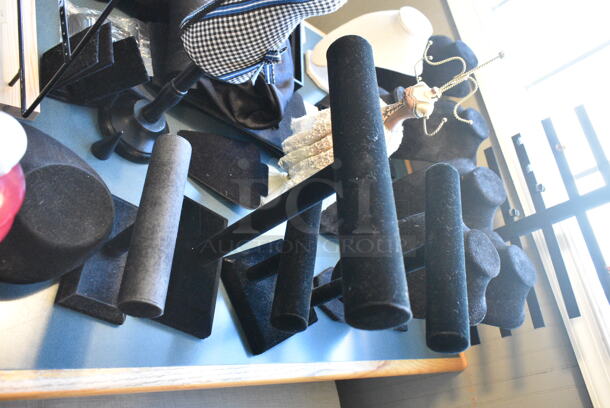Wall Mount Table w/ Contents Including Jewelry Stands. BUYER MUST REMOVE: Bring Tools and Manpower Needed To Remove This Item. (booth room)  - Image 7 of 7