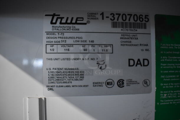 True T-72 Stainless Steel Commercial 3 Door Reach In Cooler w/ Poly Coated Racks. 115 Volts, 1 Phase. 78x30x73. Tested and Working! - Image 6 of 10