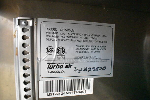 Turbo Air MST-60-24 Stainless Steel Commercial Sandwich Salad Prep Table Bain Marie Mega Top on Commercial Casters. 115 Volts, 1 Phase. Tested and Powers On But Does Not Get Cold - Image 7 of 7