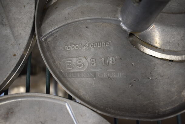 7 Various Robot Coupe Metal Food Processor Blades w/ Rack. Includes WA 5/32" GA 4, E/S 3-1/8", BR 1/8" BR 3x3, BR 5/32" BR 4x4, BR 5/64" BR 2x2. Goes GREAT w/ Lots 33 and 56! 7.5x7.5x3. 7 Times Your Bid! - Image 3 of 12