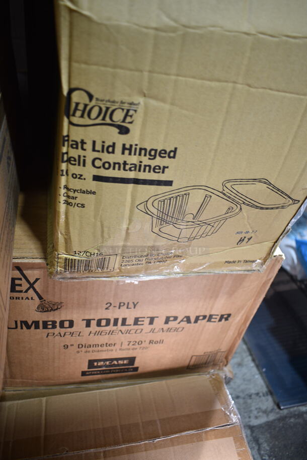 PALLET LOT of 27 BRAND NEW Boxes Including C54HT1 Dart Clearseal 5" Hinged Clear Slice Container - 250/Case, 433NHT101H Choice 1/6 Standard Size White "Thank You" Medium-Duty Plastic T-Shirt Bag - 1000/Case, 129MCS38B Choice 38 oz. Black Rectangular Microwavable Heavy Weight Container with Lid 8 3/4" x 6 1/4" x 2" - 150/Case, 127CH16 Choice 16 oz. Clear RPET Hinged Deli Container - 200/Case, 129MCR24B Choice 24 oz. Black Round Microwavable Heavy Weight Container with Lid 7 1/4" - 150/Case, 44712191261 Avantco A Plus 44712191261 Gasket for APST-27-8 Prep Tables, 5002TPJEC Lavex 2-Ply 550' Universal Jumbo Toilet Paper Roll with 7 1/2" Diameter - 12/Case, 795PTOKFT8 Choice Kraft Microwavable Folded Paper #8 Take-Out Container 6" x 4 3/4" x 2 1/2" - 300/Case, CTR16BD Dart SafeSeal 16 oz. Plastic Tamper-Resistant, Tamper-Evident Bowl with Dome Lid - 240/Case, 127SB24COMBO Choice 24 oz. Clear Plastic Salad Bowl with Lid - 150/Case, 129MCR24B Choice 24 oz. Black Round Microwavable Heavy Weight Container with Lid 7 1/4" - 150/Case, 433NACHOS Carnival King Small Clear 2 Compartment Plastic Nacho Tray - 500/Case, 50012W Choice 12 oz. White Poly Paper Hot Cup - 1000/Case, 500TO883 Choice 8" x 8" x 3" Microwaveable 3-Compartment Black / Clear Plastic Hinged Container - 100/Case, Dart 85HT3R 8" x 8" x 3" White Foam Three-Compartment Square Take Out Container with Perforated Hinged Lid - 200/Case. 27 Times Your Bid! - Image 5 of 12