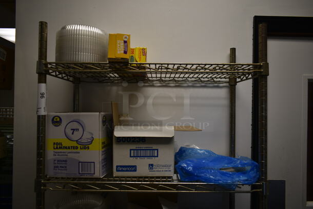 Metro Chrome Finish 5 Tier Wire Shelving Unit w/ Contents Including Paper Products. BUYER MUST REMOVE: BUYER MUST DISMANTLE. PCI CANNOT DISMANTLE FOR SHIPPING. PLEASE CONSIDER FREIGHT CHARGES. (kitchen #2) - Image 2 of 4