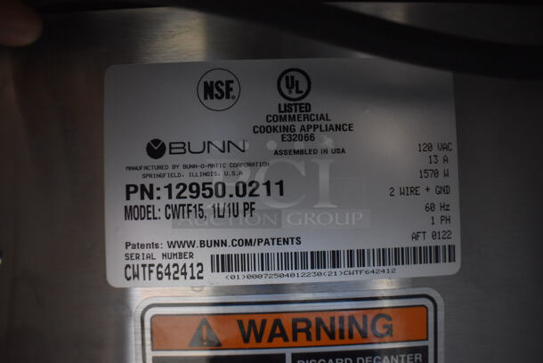 BRAND NEW SCRATCH AND DENT! 2022 Bunn CWTF15 Stainless Steel Commercial Countertop 2 Burner Coffee Machine w/ Hot Water Dispenser and Poly Brew Basket. 120 Volts, 1 Phase. 8x20x20 - Image 4 of 5