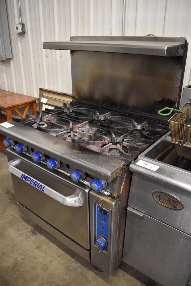 Imperial Stainless Steel Commercial Natural Gas Powered 6 Burner Range w/ Convection Oven, Over Shelf and Back Splash on Commercial Casters. 36x32x56 - Image 2 of 9