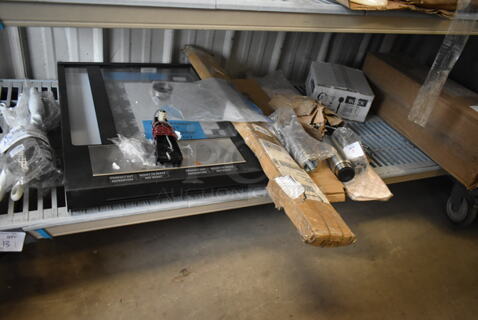 ALL ONE MONEY! Tier Lot of Various Items Including Vollrath 6414215 Jacob's Pride 14" Heavy-Duty Perforated Basting Spoon with White Ergo Grip Handle, Metal Knob, FBD Slushie Machine Panel, Regency 460EGP34 34" NSF Green Epoxy Post, Pot Rack Hooks, Choice 8 1/2" Black Disposable Plastic Serving Spoon - 72/Case, 5014046XXH Lavex Pro 45 Gallon 3 Mil 40" x 46" Low Density Heavy-Duty Industrial Contractor Black Trash Bag / Can Liner - 50/Case.