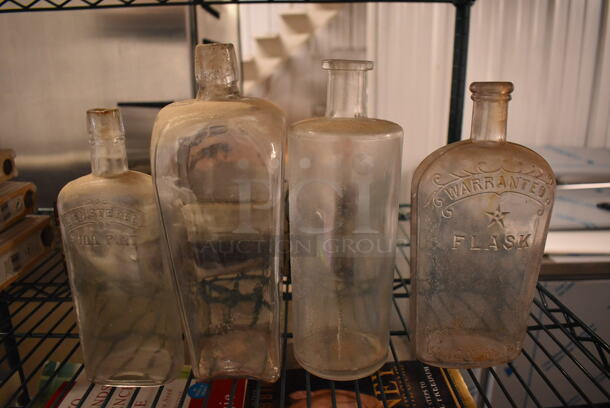 4 Hand Blown Glass Jars; G Warranted Flask, 1 Quart, Registered Full Pint. 4 Times Your Bid!