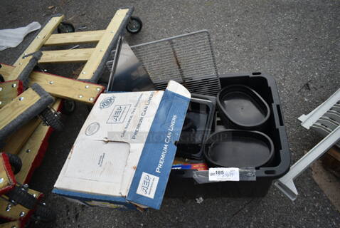 ALL ONE MONEY! Lot of Various Items Including Trash Can Bags, Poly Bin and Rack