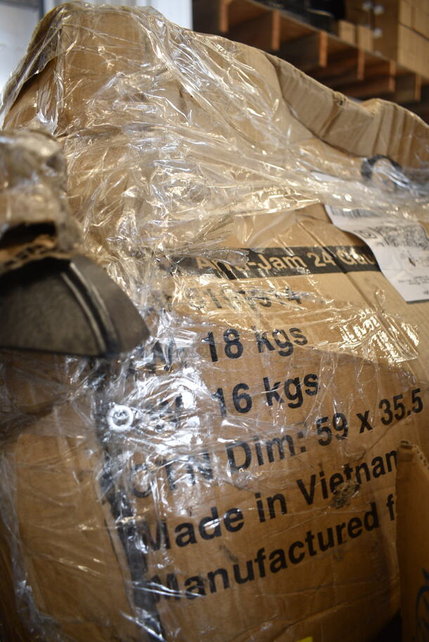 PALLET LOT of 25 BRAND NEW Boxes Including 500MF883W1C Choice 8" x 8" 1-Compartment Microwaveable White Mineral-Filled Plastic Hinged Take-Out Container - 150/Case, Dart 20J16 20 oz. White Customizable Foam Cup - 500/Case, 164TB3030 Lancaster Table & Seating 30" x 30" Cross Cast Iron Table Base Plate, Tin Trash Can Lids, 395TO991 EcoChoice 9" x 9" x 3" Compostable Sugarcane / Bagasse 1 Compartment Take-Out Box - 200/Case, French Fry Bags, 2 Box 500COLLAR8BR EcoChoice 8 oz. Kraft Coffee Cup Sleeve / Jacket / Clutch - 1200/Case, 460EC18UHAND Regency 18" NSF Chrome Utility Cart Handle, 2 Box 105GC36321 Choice 1 Part Green and White Guest Check with Bottom Guest Receipt - 50/Case, 2 Box 500MF883B1C Choice 8" x 8" 1-Compartment Microwaveable Black Mineral-Filled Plastic Hinged Take-Out Container - 150/Case, Regency 600SPL2424R Regency 15" High Stainless Steel Mop Sink Backsplash and Right Side Splash for 24 x 24" Mop Sink. 25 Times Your Bid!  - Image 3 of 12