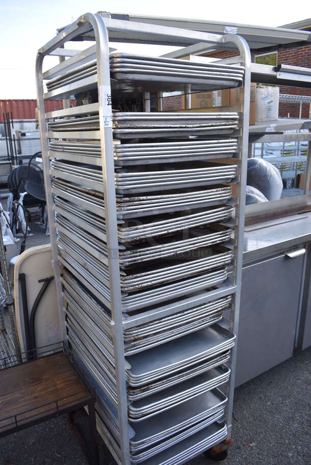 Metal Commercial Pan Transport Rack w/ 68 Metal Full Size Baking Pans on Commercial Casters. 21x26x69