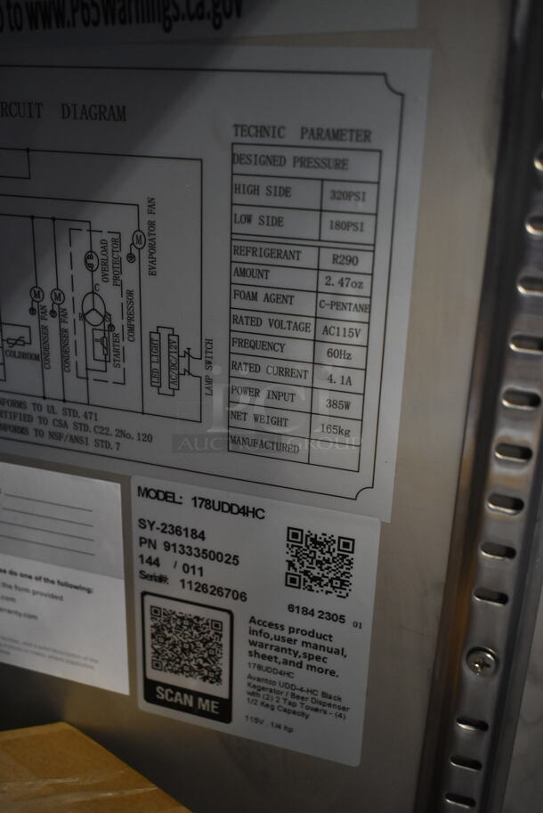BRAND NEW SCRATCH AND DENT! 2023 Avantco 178UDD4HC Stainless Steel Commercial Direct Draw Kegerator w/ Beer Towers. Stock Picture Used as Gallery. 115 Volts, 1 Phase. Tested and Working! - Image 8 of 8