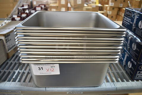12 BRAND NEW! Winco Stainless Steel 2/3 Size Drop In Bins. 1/2x6. 12 Times Your Bid!