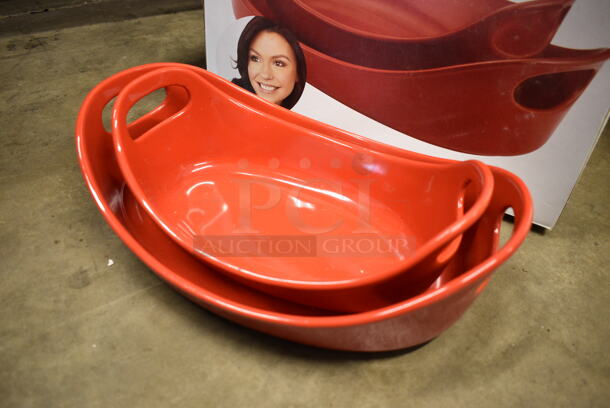 BRAND NEW IN BOX! Set of 2 Red Ceramic Oven Safe Pans w/ Handles. 14x10x4, 11.5x7.5x1.5 - Image 2 of 4