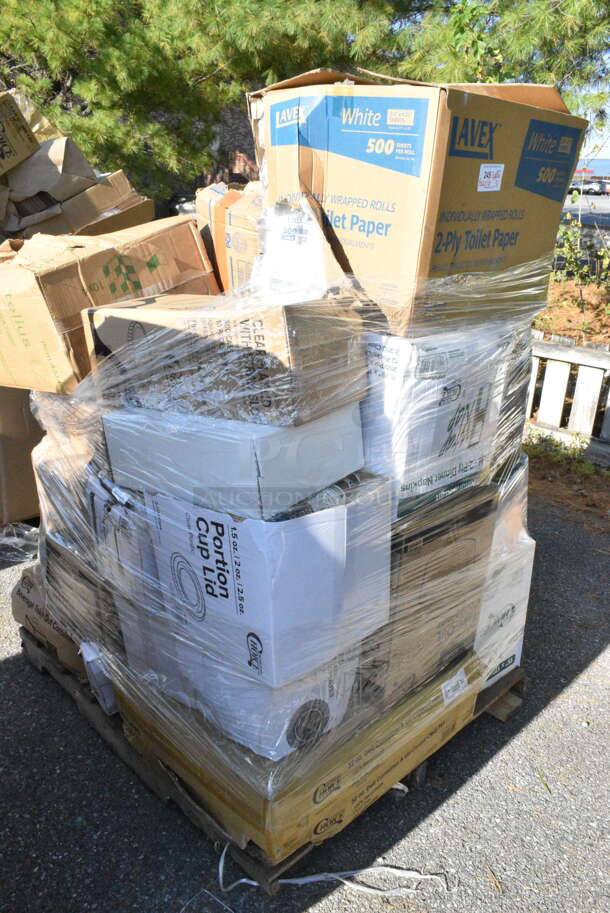 31 BRAND NEW Boxes Including 2 Box 500LFLAT32 Clear Plastic Flat Lid with Straw Slot, 130BFORKWP Choice Individually Wrapped Medium Weight Black Plastic Fork - 1000/Case, 2 Box 5A01436 Items, 795KF44RNPE Choice 44 oz. Round Kraft PE-Lined Microwavable Take-Out Container 7 5/16" x 2 5/8" - 300/Case, 5002WRAPNAPN EcoChoice WrapNap 2-Ply Natural Kraft 1/4 Fold Dinner Napkin 16" x 16", Dart 85MFPPHT1 ProPlanet 8 5/16" x 8" x 3" White Mineral-Filled 1 Compartment Hinged Lid Takeout Container - 150/Case, 5002DNAP Choice 15" x 17" Black Customizable 2-Ply Paper Dinner Napkin - 1000/Case, 394365L Noble Products Powder-Free Disposable Clear Vinyl Gloves for Foodservice - Large - 1000/Case, 394365XL Noble Products Powder-Free Disposable Clear Vinyl Gloves for Foodservice - Extra Large - 1000/Case, 502386022CL Lavex 55-60 Gallon 22 Micron 38" x 60" High Density Janitorial Can Liner / Trash Bag - 150/Case, 130WSSPOON Choice Medium Weight White Plastic Soup Spoon, 500MF883B1C Choice -Compartment Microwaveable Black Take-Out Container, 130BPLAKFNWP EcoChoice Wrapped Heavy Weight 6 1/2" Black CPLA Knife, Fork, and Napkin - 250/Case, 500LFLAT Choice Clear Flat Lid with Straw Slot - 9, 12, 16, 20, and 24 oz. - 1000/Case, 500CTOUT96P Choice 96 oz. Beverage Take-Out Container with Coffee To-Go Print - 25/Case, 130WFORK Choice Individually Wrapped Medium Weight White Plastic Fork. 31 Times Your Bid!  - Image 1 of 12