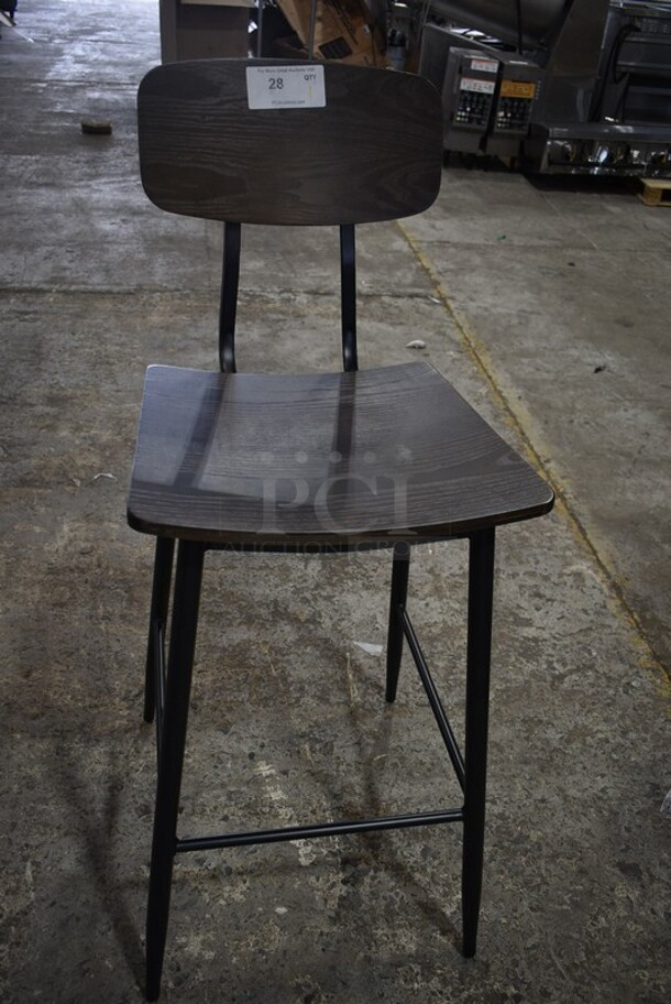 BRAND NEW SCRATCH AND DENT! Wood Pattern Bar Height Chair on Black Metal Frame. 