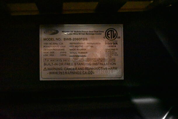 	BRAND NEW SCRATCH AND DENT! Whynter BWB-3388FDS 30′′ Built-In French Door Dual Zone 33 Bottle Wine Refrigerator Merchandiser 88 Can Beverage Center. 115 Volts, 1 Phase. Tested and Working! - Image 5 of 5