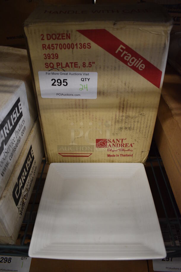 24 BRAND NEW IN BOX! Sant Andrea White Poly Square Plates. 8.5x8.5x1. 24 Times Your Bid!