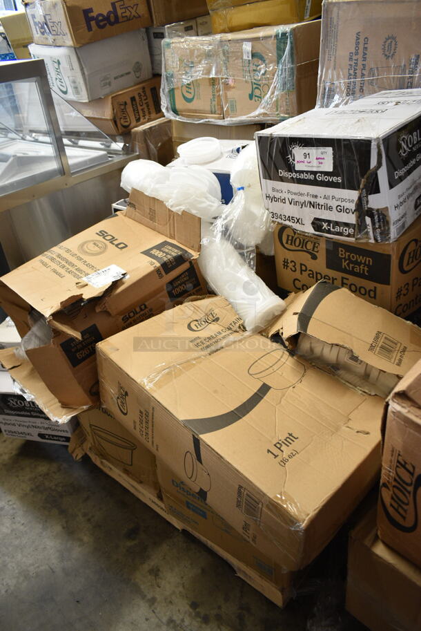 PALLET LOT of 20 BRAND NEW Boxes Including 394345XL Noble NexGen Powder-Free Disposable Black Hybrid 3 Mil Thick Gloves XL, 760IC16WPA Choice 1 Pint White Paper Double-Wall Frozen Yogurt / Food Cup with Paper Lid, Choice 4 oz Portion Cups, 966UPWIDEKFT OneUp by Choice Kraft 2-Ply Wide Interfold 6 1/2" x 8 1/2" Dispenser Napkin - 6000/Case, 47RP7BKSS Visions Wave 7" Round Plates. 20 Times Your Bid!  - Image 1 of 9