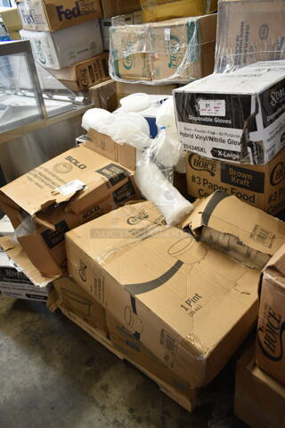 PALLET LOT of 20 BRAND NEW Boxes Including 394345XL Noble NexGen Powder-Free Disposable Black Hybrid 3 Mil Thick Gloves XL, 760IC16WPA Choice 1 Pint White Paper Double-Wall Frozen Yogurt / Food Cup with Paper Lid, Choice 4 oz Portion Cups, 966UPWIDEKFT OneUp by Choice Kraft 2-Ply Wide Interfold 6 1/2" x 8 1/2" Dispenser Napkin - 6000/Case, 47RP7BKSS Visions Wave 7" Round Plates. 20 Times Your Bid! 