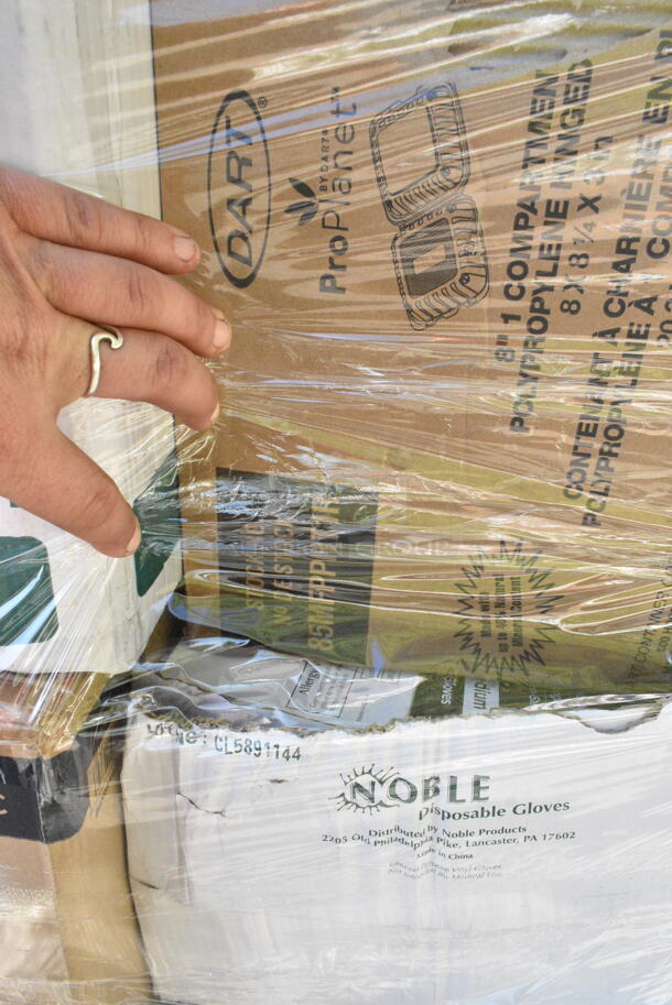 31 BRAND NEW Boxes Including 2 Box 500LFLAT32 Clear Plastic Flat Lid with Straw Slot, 130BFORKWP Choice Individually Wrapped Medium Weight Black Plastic Fork - 1000/Case, 2 Box 5A01436 Items, 795KF44RNPE Choice 44 oz. Round Kraft PE-Lined Microwavable Take-Out Container 7 5/16" x 2 5/8" - 300/Case, 5002WRAPNAPN EcoChoice WrapNap 2-Ply Natural Kraft 1/4 Fold Dinner Napkin 16" x 16", Dart 85MFPPHT1 ProPlanet 8 5/16" x 8" x 3" White Mineral-Filled 1 Compartment Hinged Lid Takeout Container - 150/Case, 5002DNAP Choice 15" x 17" Black Customizable 2-Ply Paper Dinner Napkin - 1000/Case, 394365L Noble Products Powder-Free Disposable Clear Vinyl Gloves for Foodservice - Large - 1000/Case, 394365XL Noble Products Powder-Free Disposable Clear Vinyl Gloves for Foodservice - Extra Large - 1000/Case, 502386022CL Lavex 55-60 Gallon 22 Micron 38" x 60" High Density Janitorial Can Liner / Trash Bag - 150/Case, 130WSSPOON Choice Medium Weight White Plastic Soup Spoon, 500MF883B1C Choice -Compartment Microwaveable Black Take-Out Container, 130BPLAKFNWP EcoChoice Wrapped Heavy Weight 6 1/2" Black CPLA Knife, Fork, and Napkin - 250/Case, 500LFLAT Choice Clear Flat Lid with Straw Slot - 9, 12, 16, 20, and 24 oz. - 1000/Case, 500CTOUT96P Choice 96 oz. Beverage Take-Out Container with Coffee To-Go Print - 25/Case, 130WFORK Choice Individually Wrapped Medium Weight White Plastic Fork. 31 Times Your Bid!  - Image 12 of 12