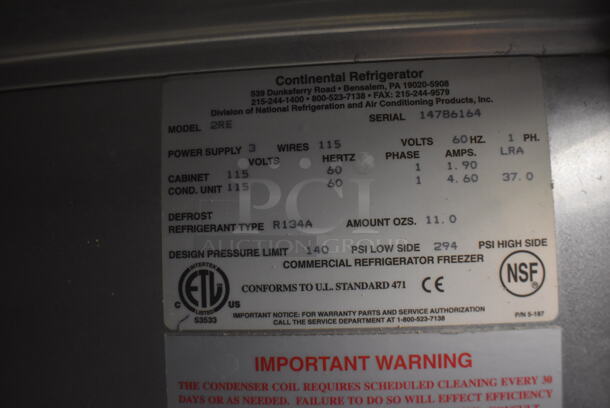 Continental 2RE Stainless Steel Commercial 2 Door Reach In Cooler on Commercial Casters. 115 Volts, 1 Phase. 57x34x82. Tested and Working! - Image 3 of 5