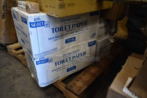 PALLET LOT of 35 BRAND NEW! Boxes Including 2 Box 5002TPSELHC Lavex Select Toilet Paper, 2 Choice 0.75 oz Portion Cups, 500CC12 Choice Clear PET Customizable Plastic Cold Cup - 12 oz. - 1000/Case, Foam Hinged Lid Containers, 612509LCO Choice 9" Round Standard Weight Foil Take-Out Pan with Board Lid - 200/Case, 130HKCL1M Visions Clear Heavy Weight Plastic Knife - Case of 1000, 395TO961 EcoChoice 9" x 6" x 3" Compostable Sugarcane / Bagasse 1 Compartment Take-Out Container - 200/Case, 124EM199 American Metalcraft 1" Stainless Steel Number Mini Table Tents - 1 to 99, Choice Flat Lid Hinged Deli Container, 1330DSSUF Plastic Deli Saddle Bag, Ziploc Sacs. 35 Times Your Bid! - Image 6 of 7