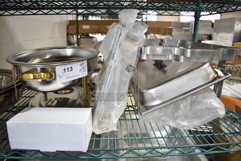 3 BRAND NEW! Various Chafing Dishes. Includes 23x13x8, 13x24x9. 3 Times Your Bid! 