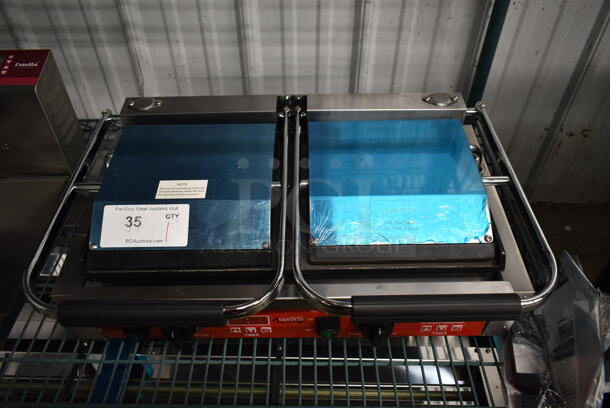 BRAND NEW SCRATCH AND DENT! 2023 Avantco PG400ST Stainless Steel Commercial Countertop Dual Panini Sandwich Grill with Timer, Smooth Plates, and 19 5/8" x 9 1/8" Cooking Surface. 120 Volts, 1 Phase. Tested and Working! - Image 4 of 6