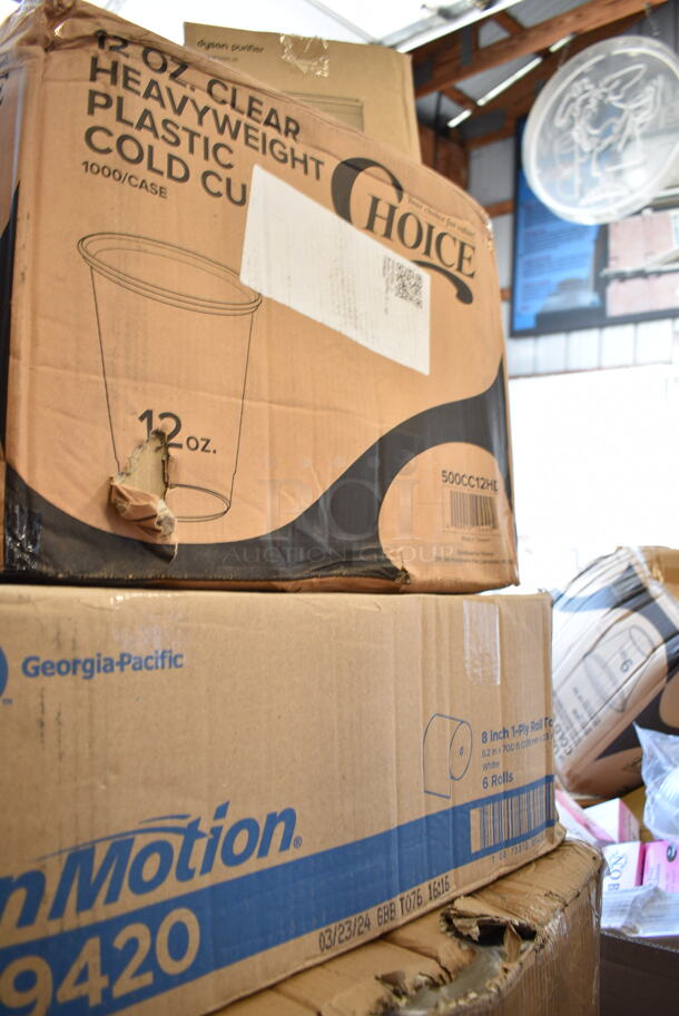 PALLET LOT of 32 BRAND NEW Boxes Including Choice 16 oz Paper Frozen Yogurt Cups, 500CC12HD 12 oz. Plastic Cold Cup - 1000/Case, 127RD16BULK Choice Microwavable Round Deli Container, 433L16C Choice Pint Size Natural Kraft Paper Bag - 500/Case, Dyson Purifier Filter, 164CUSHWGBK Lancaster Table & Seating Spartan Series 2 1/2" Black Vinyl Padded Seat for Chair and Barstool, 2 Box 5001RT800B Lavex 8" White Hardwound Paper Towel, 800 Feet / Roll - 6/Case, 186CVB4810 VacPak-It 186CVB4810 8" x 10" Chamber Vacuum Packaging Pouches / Bags 4 Mil - 1000/Case, Choice 1/6 Standard Size White "Thank You" Standard-Duty Plastic T-Shirt Bag - 700/Case, 347RP9WHSS Visions Wave 9" White Plastic Plate - 180/Case, 130HCUTWR Visions Individually Wrapped White Heavy Weight Plastic Fork - 1000/Case. 32 Times Your Bid! - Image 3 of 12