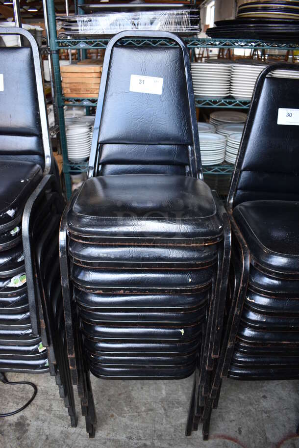 9 Black Metal Stackable Banquet Chairs w/ Black Cushions. 18x20x34. 9 Times Your Bid!