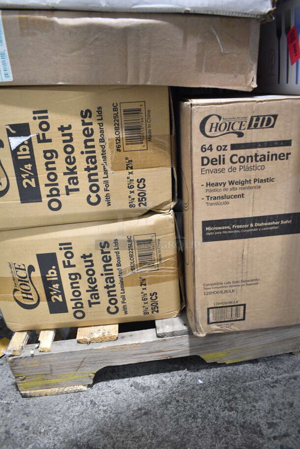 PALLET LOT of 22 BRAND NEW Boxes Including 2 Box 612LOB225LBC Choice 2.25 lb. Oblong Foil Take-Out Container with Board Lid - 250/Case, 128HD64LBULK ChoiceHD 64 oz. Microwavable Translucent Heavy Plastic Deli Lid - 100/Case, 119060 Resin Can Liners, 127RD16COMBO Choice 16 oz. Customizable Microwavable Clear Round Deli Container and Lid Combo Pack - 250/Case, 760PIC08 Choice 8 oz. Clear Plastic Dessert Cup - 1000/Case, 3 Box Choice Plastic T Shirt Bags. 22 Times Your Bid! - Image 2 of 12