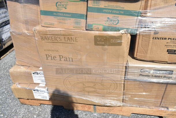 PALLET LOT of 44 BRAND NEW Boxes Including 2 Box 5002DNAPBLK Choice 15" x 17" Black Customizable 2-Ply Paper Dinner Napkin - 1000/Case, 795PTOWHT4 Choice White Microwavable Folded Paper #4 Take-Out Container 7 3/4" x 5 1/2" x 3 1/2" - 160/Case, 347SLWG16 Visions 16 oz. Heavy Weight Clear Plastic Stemless Wine Glass - 64/Case, 2 Box 5002CPTE Lavex 2-Ply White Center Pull Paper Towel 510' Roll - 6/Case, 433NHT004 Choice 1/5 Large Size White Heavy-Duty Unprinted Plastic T-Shirt Bag - 500/Case, 2 Box 395SP06PF EcoChoice No PFAS Added 6" x 6" Natural Bagasse Blend Square Plate - 400/Case, Bakers Lane Pie Pan, 2 Box 500PMGREEKGD Choice 10" x 14" Greek Key Gold Placemat - 1000/Case, 612W45 Choice 10 3/4" x 14" Insulated Foil Sandwich Wrap Sheets - 2000/Case, 128HDLDBULK ChoiceHD Microwavable Translucent Plastic Deli Container Lid - 480/Case, 795KFT44RNPLA EcoChoice 44 oz. Round Kraft Bio-Lined Compostable Take-Out Container 2 5/8" x 7 5/16" - 300/Case. 44 Times Your Bid!  - Image 11 of 12