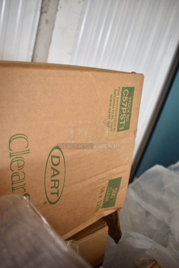 PALLET LOT of 22 BRAND NEW Boxes Including 2 Box 129MCS16B Choice 16 oz. Black 8" x 5 1/4" x 1 1/2" Rectangular Microwavable Heavy Weight Container with Lid - 150/Case, 395TO661 Ecochoice compostable Sugarcane Takeout, 2 Box 612558L Choice 8 1/8" Round Foil-Laminated Board Lid - 500/Case, 130WFORKWP Choice Individually Wrapped Medium Weight White Plastic Fork - 1000/Case, 500CC16HW Choice Heavy Weight 16 oz. Clear Plastic Cold Cup - 1000/Case, 433LSLCPIE Choice 5" Clear Hinged Slice Container with Low Dome Lid, Dart C57PST1 ClearSeal Hinged Lid Plastic Container 6" x 5 13/16" x 3" - 500/Case, Dart 60HT1 White Foam Hinged Lid Container 6" x 6" x 3" - 500/Case, 500CC12 Choice Clear PET Customizable Plastic Cold Cup - 12 oz. - 1000/Case, 433LSLCPIE Choice 5" Clear Hinged Slice Container with Low Dome Lid, Dart 12BWWCR Concorde 10-12 oz. White Non-Laminated Round Foam Bowl - 1000/Case. 22 Times Your Bid!  - Image 9 of 12