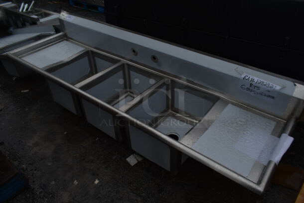 BRAND NEW SCRATCH AND DENT! Regency 600S31620218 88" 16 Gauge Stainless Steel Three Compartment Commercial Sink with Galvanized Steel Legs and 2 Drainboards - 16" x 20" x 12" Bowls. No Legs. - Image 2 of 6