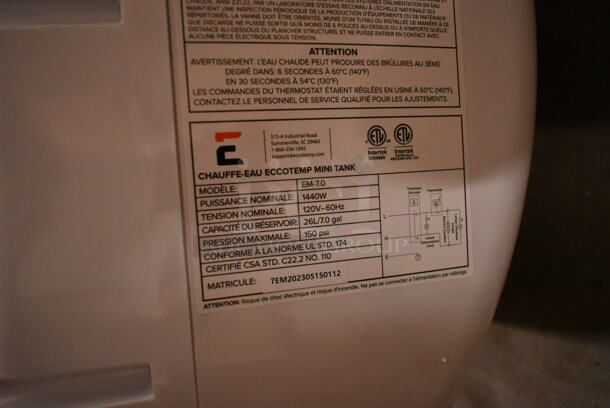 BRAND NEW SCRATCH AND DENT! Eccotemp EM-7.0 7 Gallon Electric Indoor Mini-Tank Water Heater. 110/120 Volts, 1 Phase. - Image 8 of 8