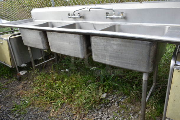 Stainless Steel Commercial 3 Bay Sink w/ Dual Drain Boards, 2 Faucets and Handles. Bays 24x24. Drain Boards 22x27 - Image 2 of 7