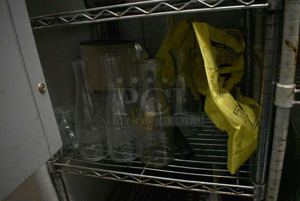 Chrome Finish 3 Tier Shelving Unit w/ Contents Including Metal Stock Pot, Bottles and Burners. 24x18x36. BUYER MUST REMOVE. BUYER MUST DISMANTLE. PCI CANNOT DISMANTLE FOR SHIPPING. PLEASE CONSIDER FREIGHT CHARGES. (kitchen) - Image 4 of 5