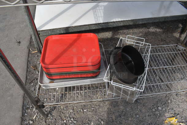 ALL ONE MONEY! Metro Shelf Lot Including Stainless Steel Drop In Bins, Child Seat, Pots, Pans and Lids, Metal and Poly Trays and MORE. Includes 3 Tier Shelving Unit! BUYER MUST DISMANTLE. PCI CANNOT DISMANTLE FOR SHIPPING. PLEASE CONSIDER FREIGHT CHARGES. - Image 5 of 5