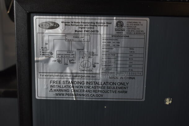 BRAND NEW SCRATCH AND DENT! Whynter FWC-341TS 34 Bottle Freestanding Stainless Steel Wine Refrigerator Merchandiser with Display Shelf and Digital Control. 115 Volts, 1 Phase. Tested and Working! - Image 6 of 6