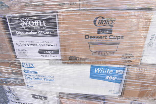 32 BRAND NEW! Items Including 795PLAKFT4 EcoChoice Kraft PLA Lined Compostable #4 Take-Out Container 7 3/4" x 5 1/2" x 3 1/2" - 160/Case, CH24DED Dart ClearPac SafeSeal 24 oz. Tamper-Resistant, Tamper-Evident Container with Dome Lid - 200/Case, 500L4W Choice 4 oz. White Hot Paper Cup Travel Lid - 1000/Case, 50010W Choice 10 oz. White Poly Paper Hot Cup - 1000/Case, 760PIC05 Choice 5 oz. Clear Plastic Dessert Cup - 1000/Case, 394365XL Noble Products Powder-Free Disposable Clear Vinyl Gloves for Foodservice - Extra Large - 1000/Case, 394345L Noble NexGen Powder-Free Disposable Black Hybrid 3 Mil Thick Gloves - Large - 1000/Case, 3 Box 760SOUP8KFT EcoChoice 8 oz. Kraft Paper Food Cup with Vented Lid - 250/Case, 500CC32P Choice Clear PET Plastic Cold Cup - 32 oz. - 500/Case, 47SLWG12 Stemless Wine Glass. 32 Times Your Bid!  - Image 12 of 12